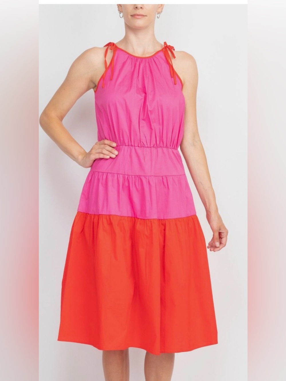 London Times Color Block Shoulder Tie Halter Dress Sz XL